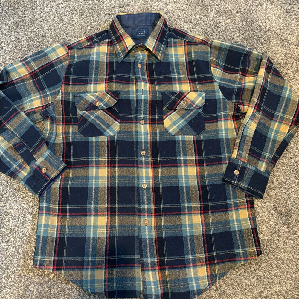 70s 80s SEARS FLANNEL WORK SHIRT VTG PLAID‎ BUTTON UP GRUNGE MENS MEDIUM 15-15.5